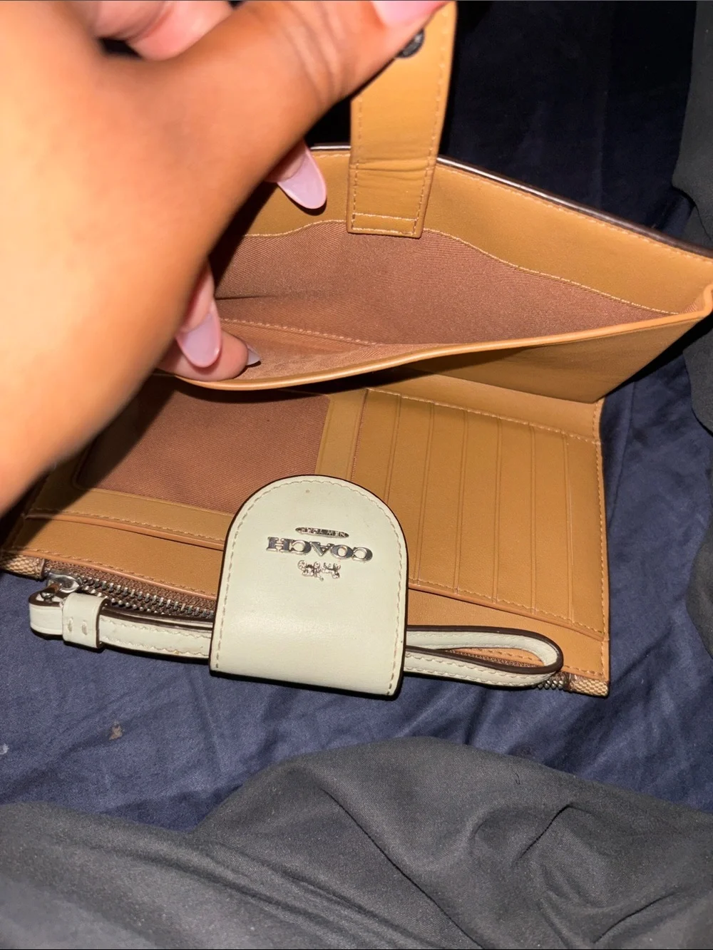 Coach Brown Signature Canvas Wristlet with Cream Snap Tab